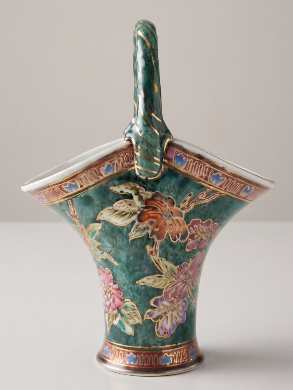 Vintage Chinese Ceramic Floral Basket Vase Turquoise Gold Trim 9.5”